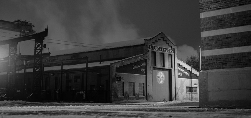 A. Lucas & Sons: A. Lucas & Sons Steel, Peoria, on a winter night. Equipment: Kodak Medalist II camera, Ilford HP5+ film, 400 ISO