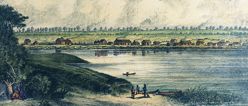 The most historic image of the settlement of Peoria was drawn by John Roberts in 1831, showing 16 log cabins and the burned remains of Fort Clark. This colored reproduction of the Roberts lithograph was produced by Charles Overall.