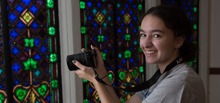 Graduating Richwoods High School senior and Giving Voice contributor Adeline Ferolo at the Scottish Rite Theatre. Photo by David Vernon