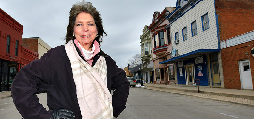 Mayor Liz Skinner stands on Delavan's main drag