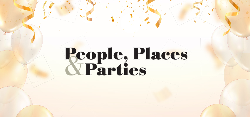 Text: "People, Places, and Parties" over a white and tan background with balloons and streamers