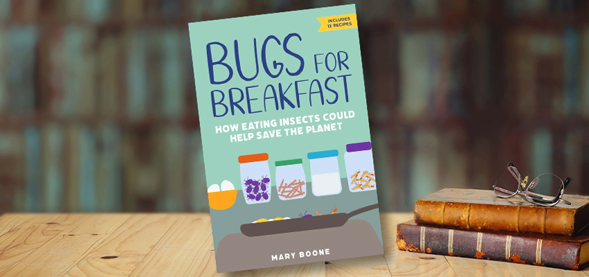 A book cover of "Bugs for Breakfast" with books on shelves in the background.