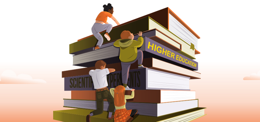 Illustration of students climbing books - Higher Education