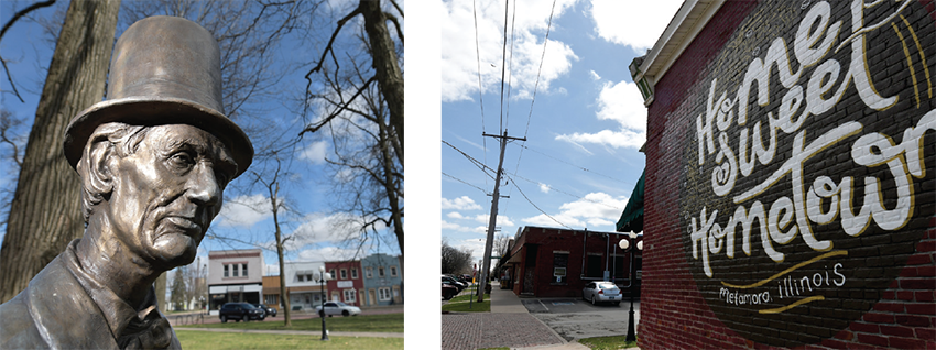 (Left) Lincoln statue in the Town Square  (Right) Home Sweet Hometown painted on side of a building.