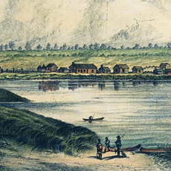 The most historic image of the settlement of Peoria was drawn by John Roberts in 1831, showing 16 log cabins and the burned remains of Fort Clark. This colored reproduction of the Roberts lithograph was produced by Charles Overall.