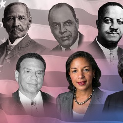 L-R, top: Ebenezer Bassett, Mifflin Wistar Gibbs, Edward Dudley, Jesse D. Locker, Ralph Bunche. Bottom: Edith Sampson, Andrew Young, Susan Rice, Linda Thomas-Greenfield