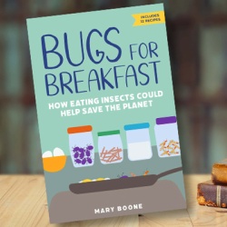 A book cover of "Bugs for Breakfast" with books on shelves in the background.