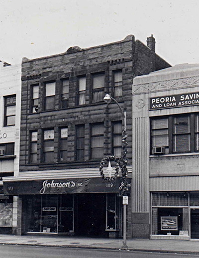 Old Saratoga Pool Hall and Bowling Alley, 109–111 S.W. Jefferson, demolished in 1963. Photos Courtesy Local History and Genealogy Collection, Peoria Public Library, Peoria, Illinois