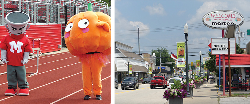 A picture of Morton sports mascots, and a picture of businesses on main street