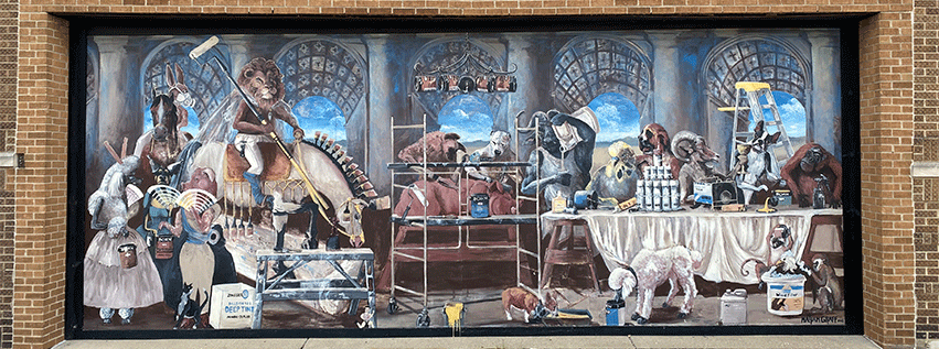 Artist Mariam Graff created a whimsical animal scene showcasing Born Paint products for this mural on the side of their building.