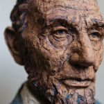 A ceramic sculpture by Marlene Miller of Washington, Illinois, offers a rich, textured portrayal of President Abraham Lincoln. Miller, a long-time art instructor at Illinois Central College, is internationally known for her figurative ceramic work.