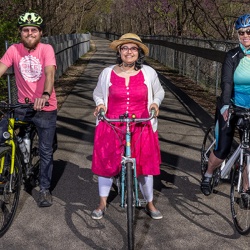 Kathy Jones, Evan Stumpges and Michelle Perkinson on the Rock Island Greenway behind Trefzger’s Bakery, April 12, 2021. Photograph by Jeffery Noble